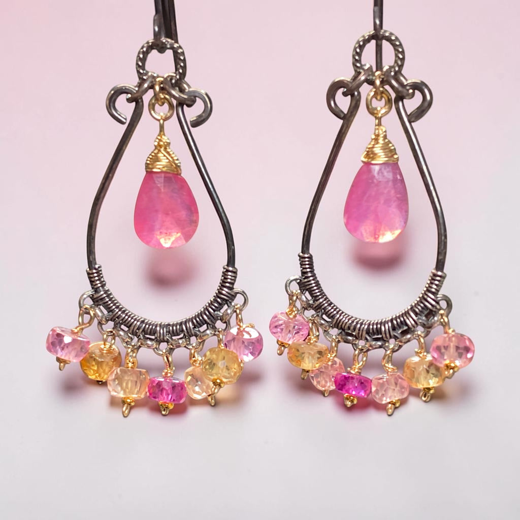 Padparadscha Pink Sapphire Chandelier Hoop Earrings — Fuchsia, Blush & Peach, Mixed Metals