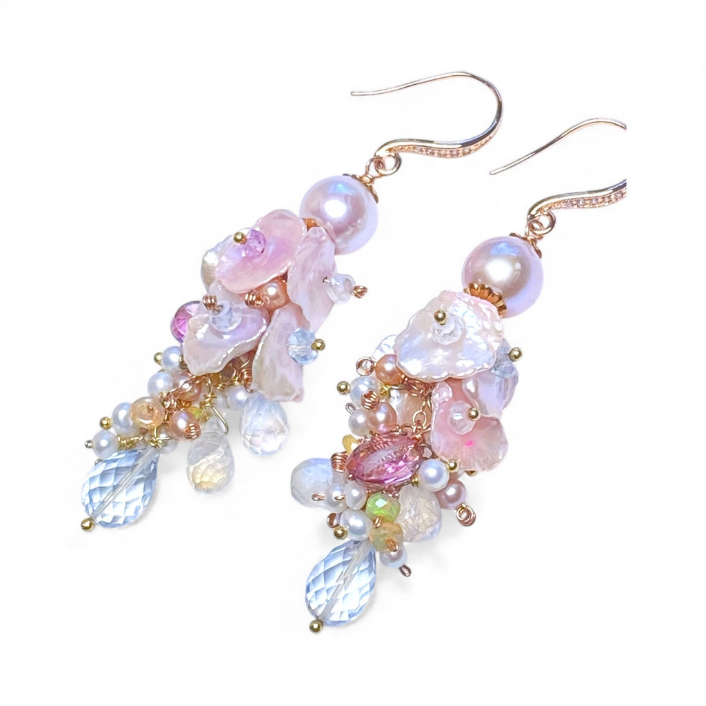 Blush Keishi Pearl Pink Topaz Ivory Pearl Rose Gold Long Dangle Bridal Earrings