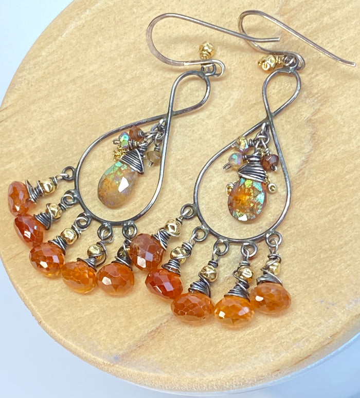 Hessonite Garnet Chandelier Earrings Oxidized Silver
