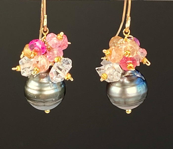 Tahitian Pearl Cluster Earrings with Padparadscha Sapphire & Herkimer Diamond Quartz, Gold Fill