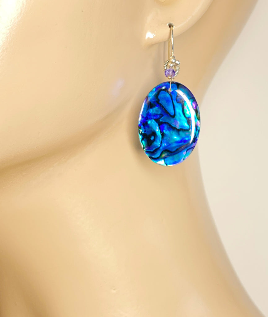 Blue Abalone Statement Dangle Earrings Sterling Silver