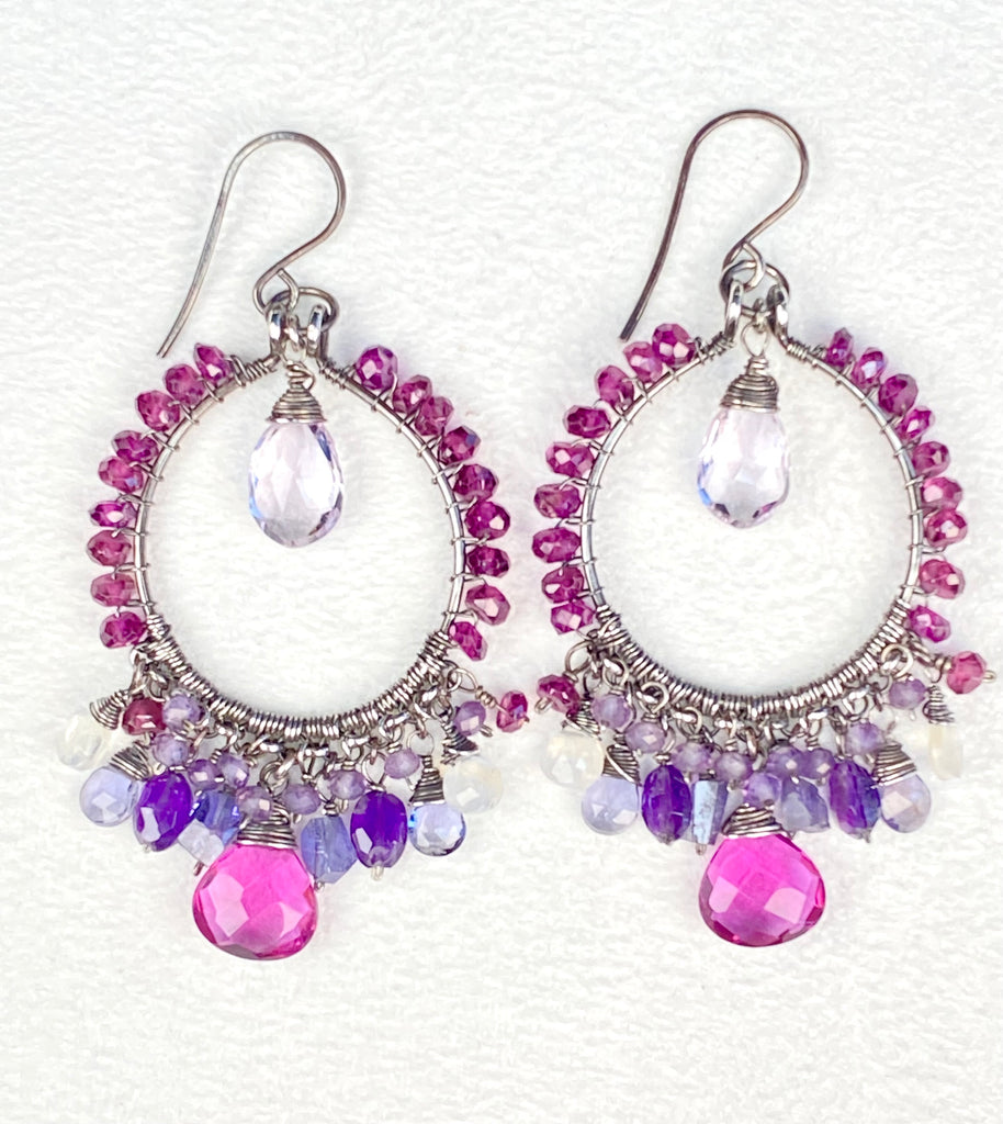 Rhodolite Garnet and Blue Violet Gemstone Chandelier Hoop Earrings - Doolittle