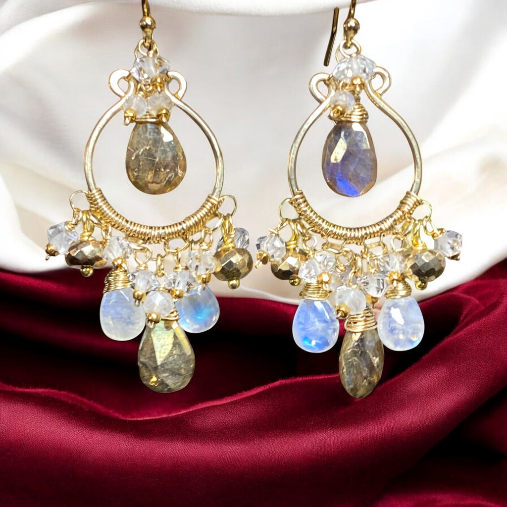 Rainbow Moonstone Gold Labradorite Chandelier Hoop Earrings Gold Fill
