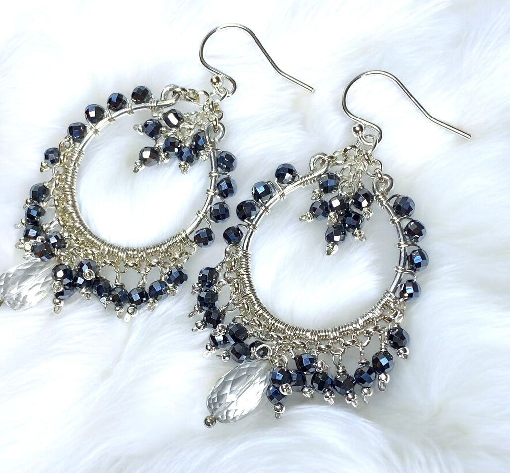 Black Gemstone Chandelier Hoop Earrings Sterling Silver