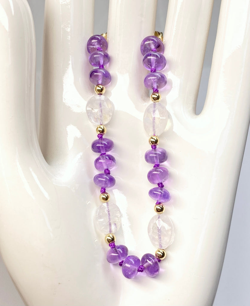 Amethyst and Rainbow Moonstone Silk Knot Bracelet Gold Fill