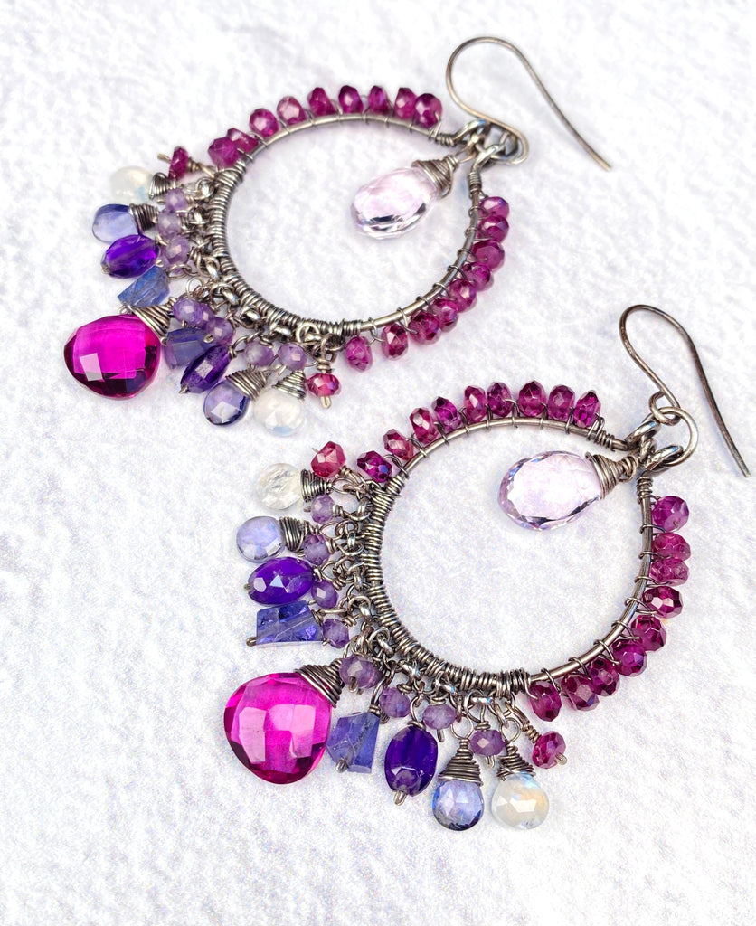 Rhodolite Garnet and Blue Violet Gemstone Chandelier Hoop Earrings - Doolittle