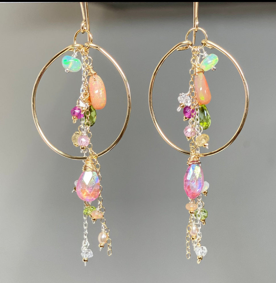 Gold Fill Hoop Earrings with Multi Gemstone Dangles, Opals, Peridot