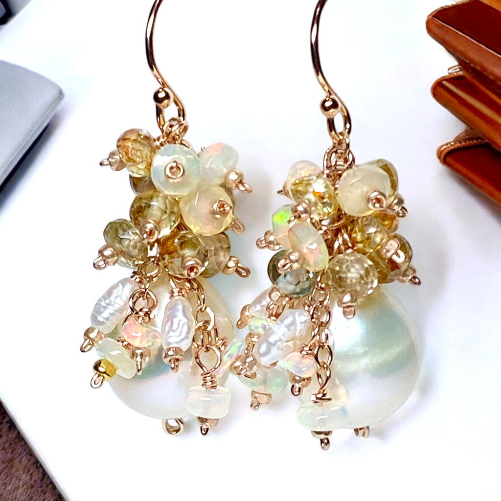 Natural Zircon Gemstone, Opal and Pearl Cluster Earrings, Rose Gold Fill