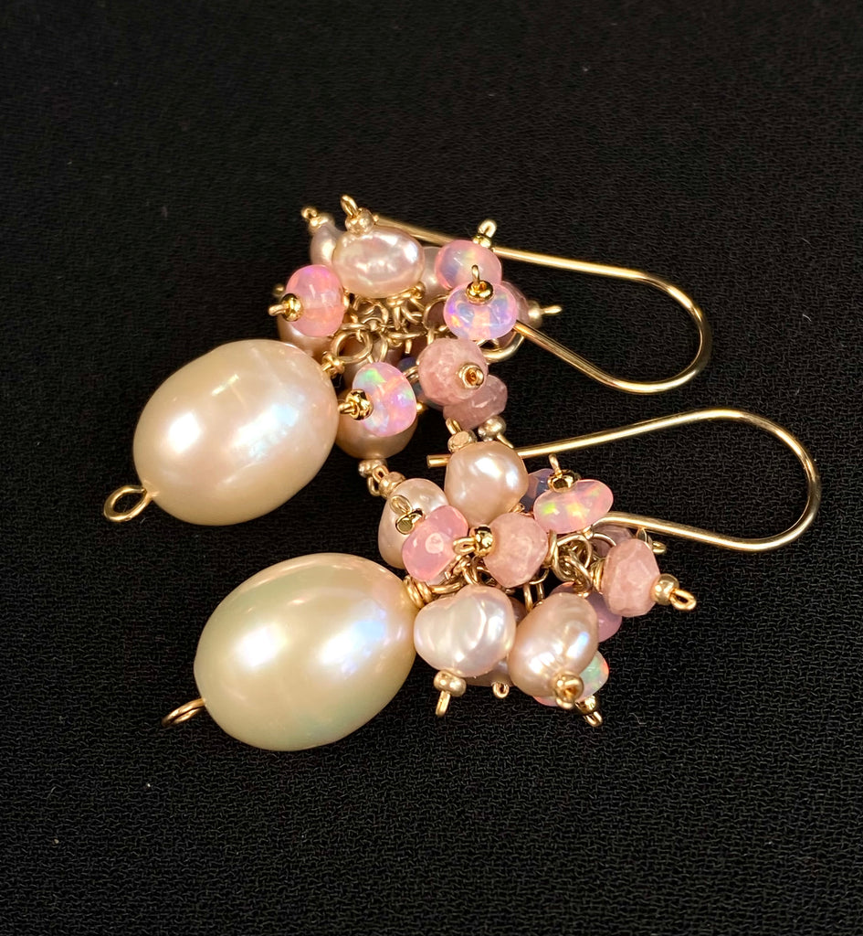Pink Blush Pearl Pink Opal Cluster Earrings Gold Fill