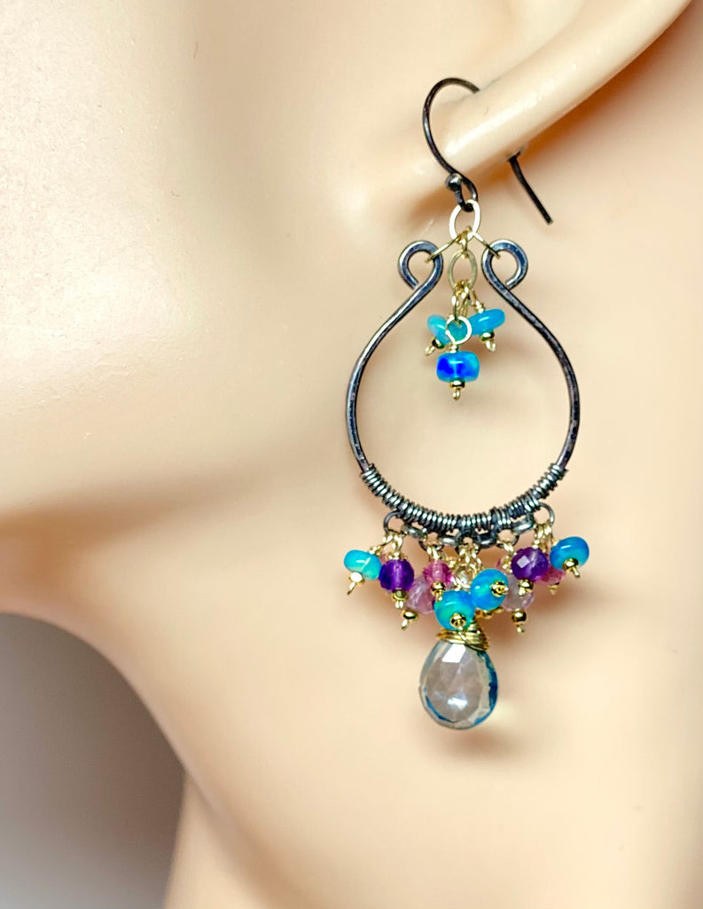 Oxidized Silver Hoop Chandelier Earrings, Aqua Opal, Pink Sapphire, Mixed Metals 1