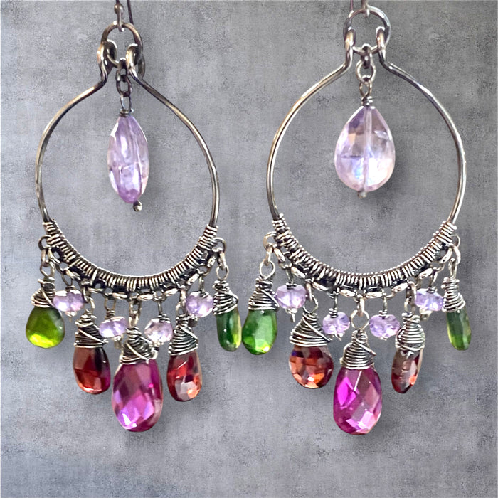 Multicolor Gemstone Statement Chandelier Earrings in Oxidized Sterling Silver