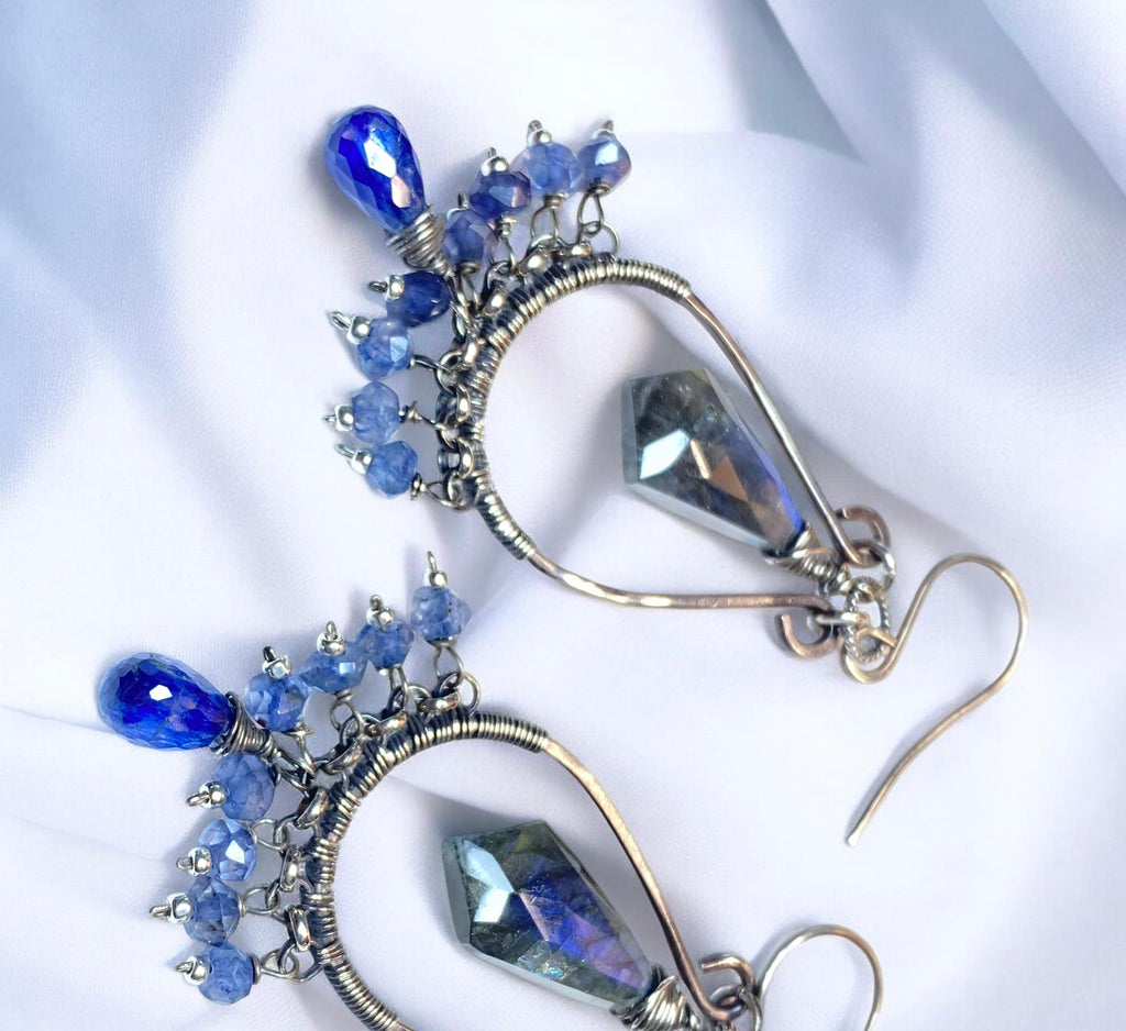 Blue Gemstone Statement Chandelier Earrings Oxidized Sterling Silver Blue Labradorite, Iolite, Kyanite - Doolittle