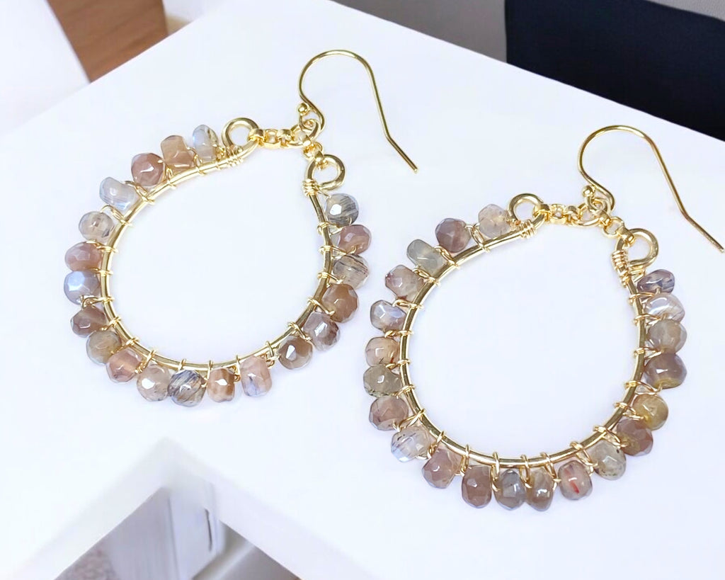 Chocolate Moonstone Hoop Earrings, Gold Fill, Sterling Silver