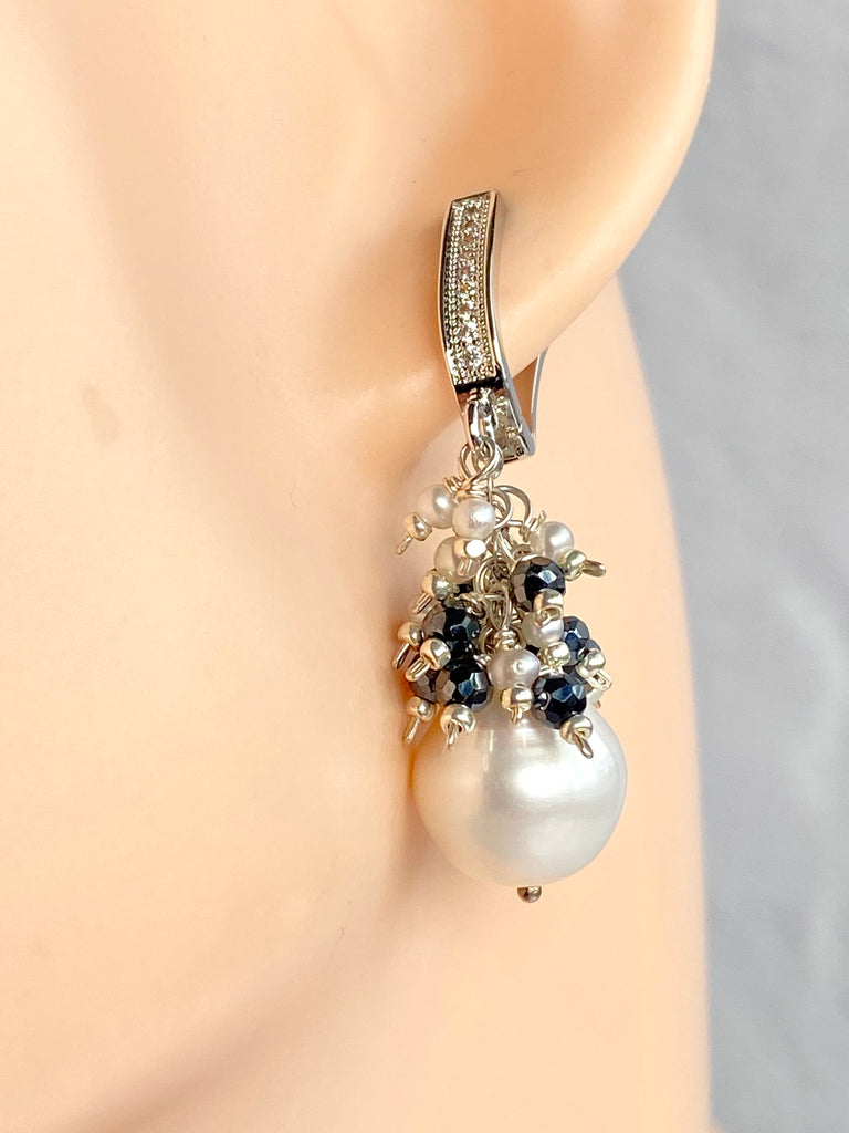 White Pearl Black Spinel Cluster Earrings Sterling Silver