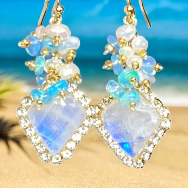 Rainbow Moonstone Diamond Style, Opal Cluster Dangle Earrings Gold