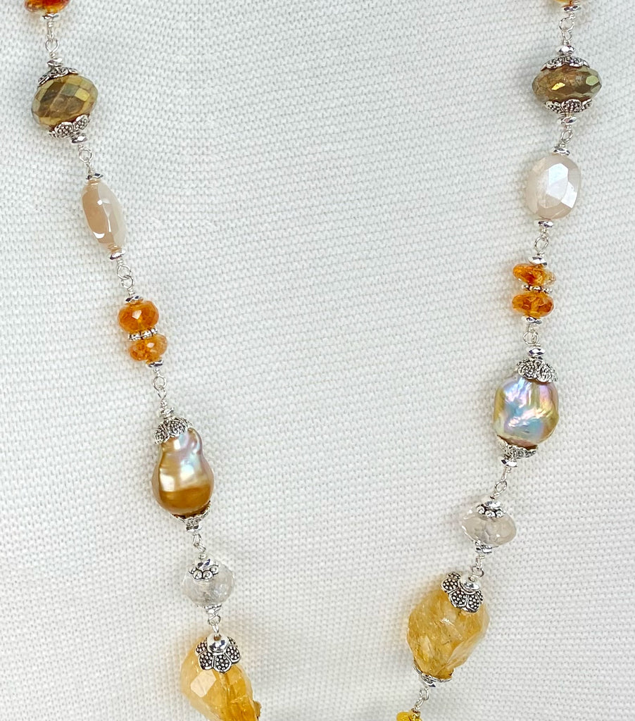 Citrine and Gold White Baroque Pearl Long Sautoir Necklace Sterling Silver — Pyrite Moonstone Crystal Quartz