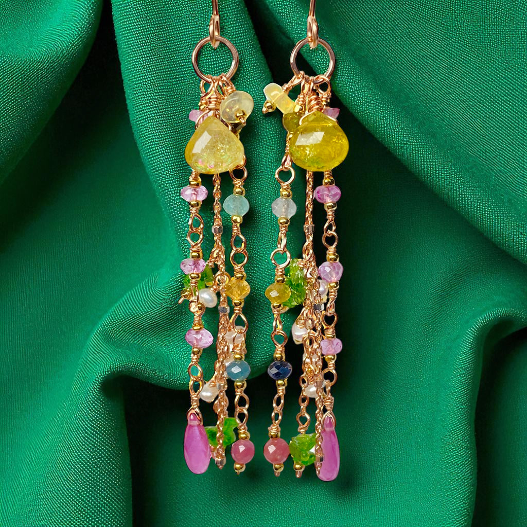 Canary Yellow Tourmaline Long Dangle Earrings Rose Gold Fill