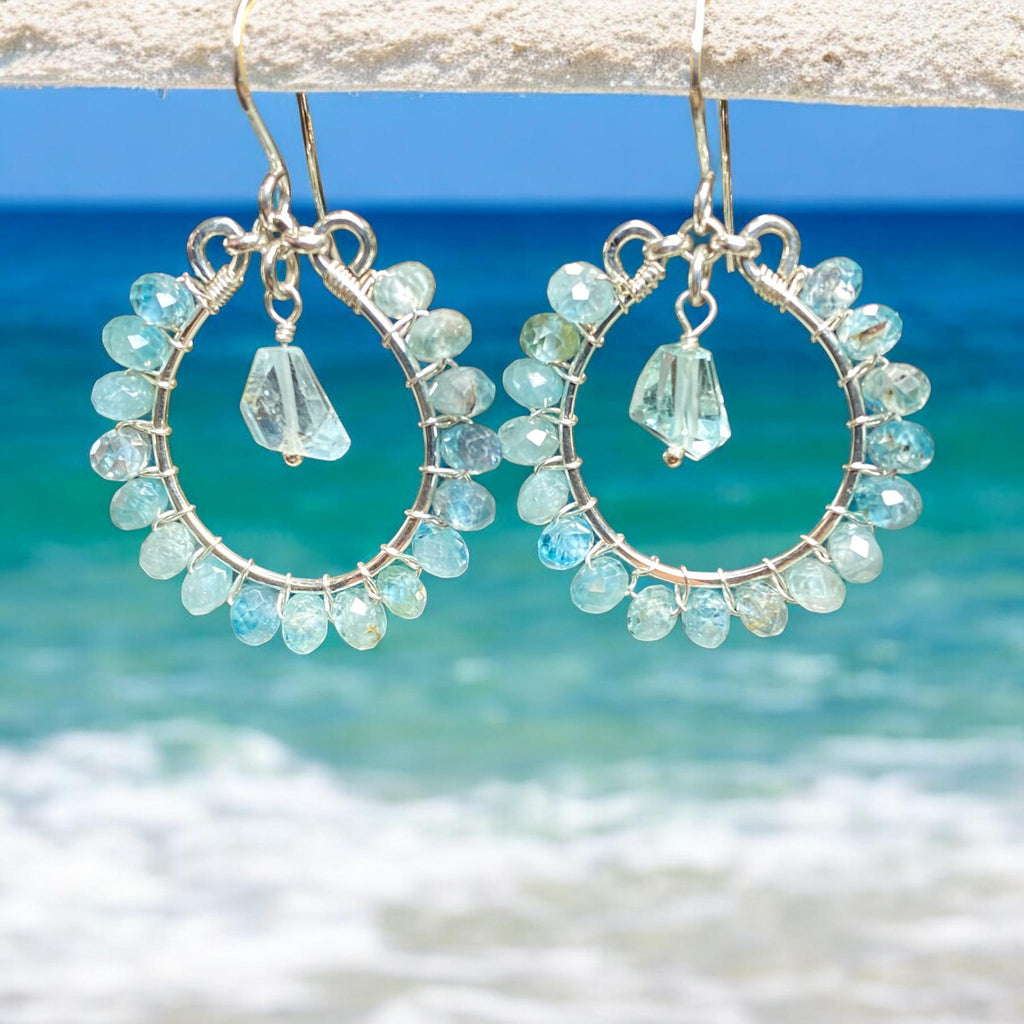 Aquamarine, Gem Blue Zircon Chandelier Hoop Earrings Sterling Silver - Doolittle