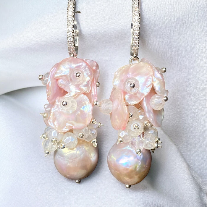 Blush Keishi Pearl Cluster Wedding Earrings Sterling Silver 2