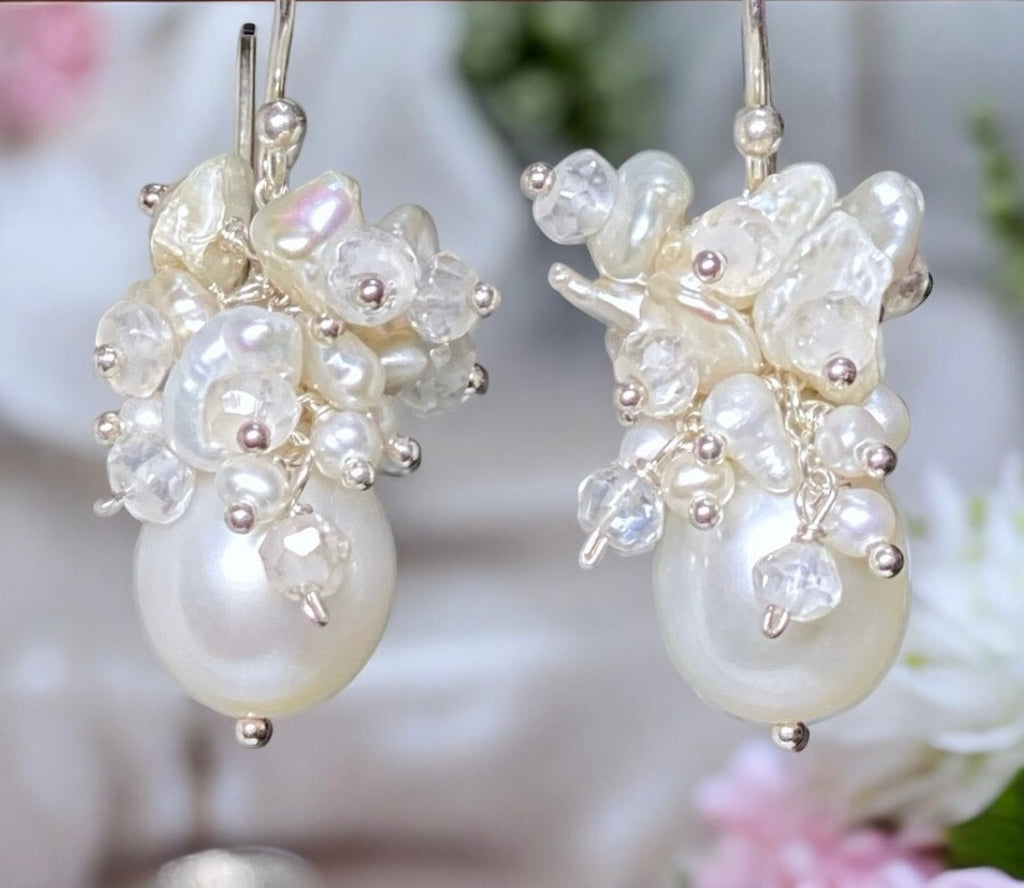 Baroque Pearl Bridal Cluster Earrings Sterling Silver