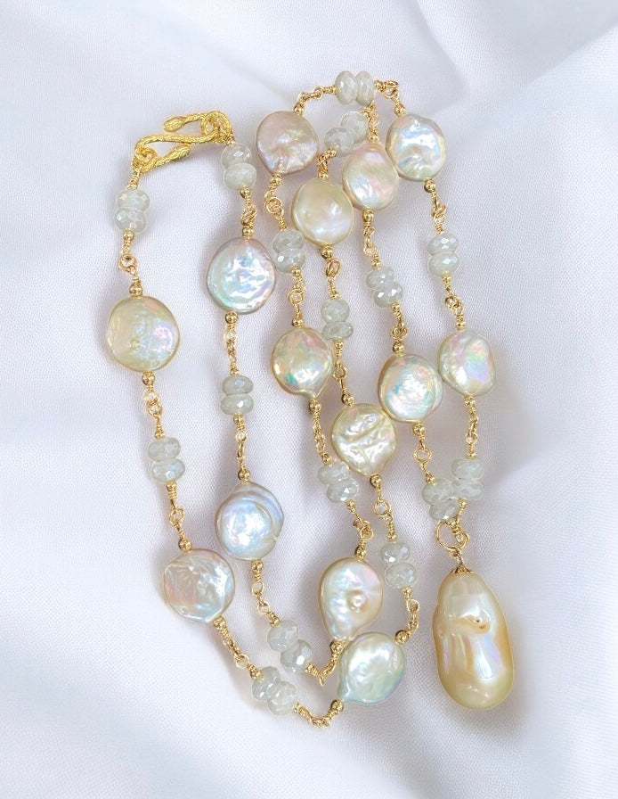 Blush Baroque Pearl Mystic Moonstone Long Sautoir Rosary Necklace Gold Fill