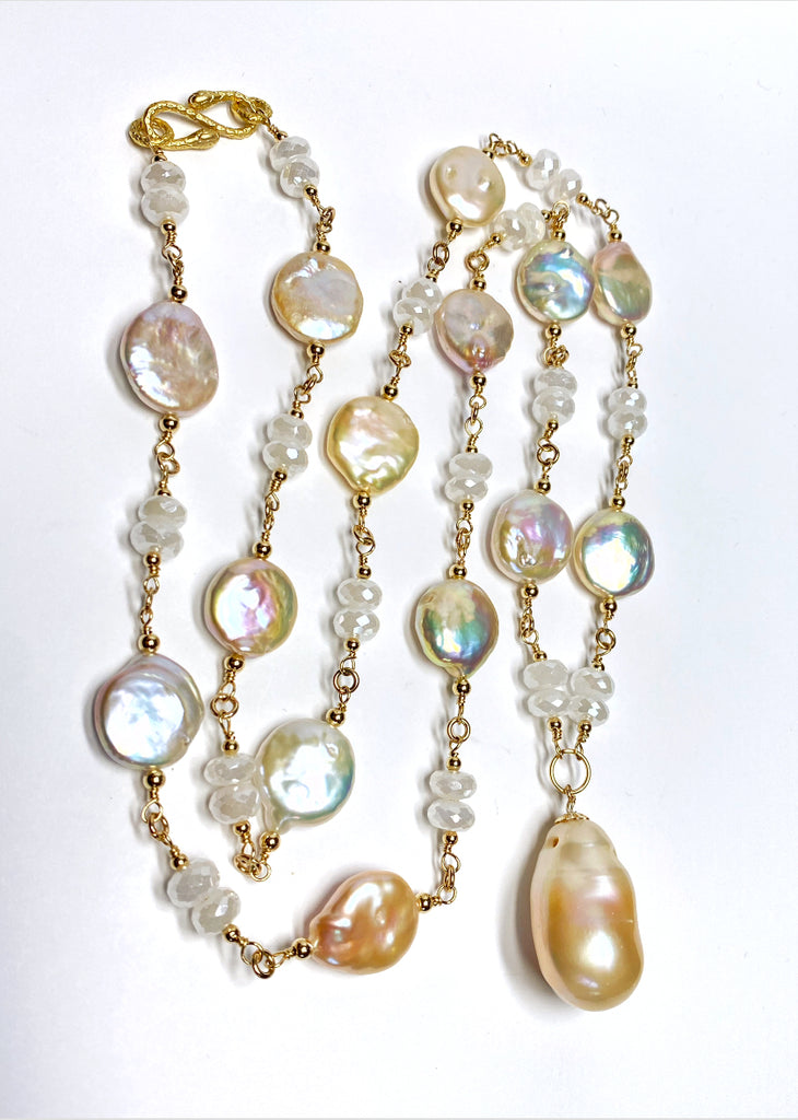 Blush Baroque Pearl Mystic Moonstone Long Sautoir Rosary Necklace Gold Fill