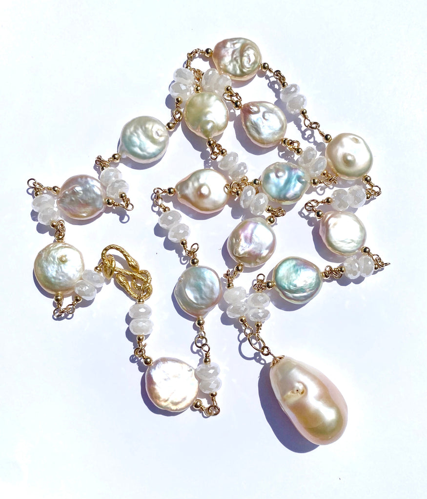 Blush Baroque Pearl Mystic Moonstone Long Sautoir Rosary Necklace Gold Fill