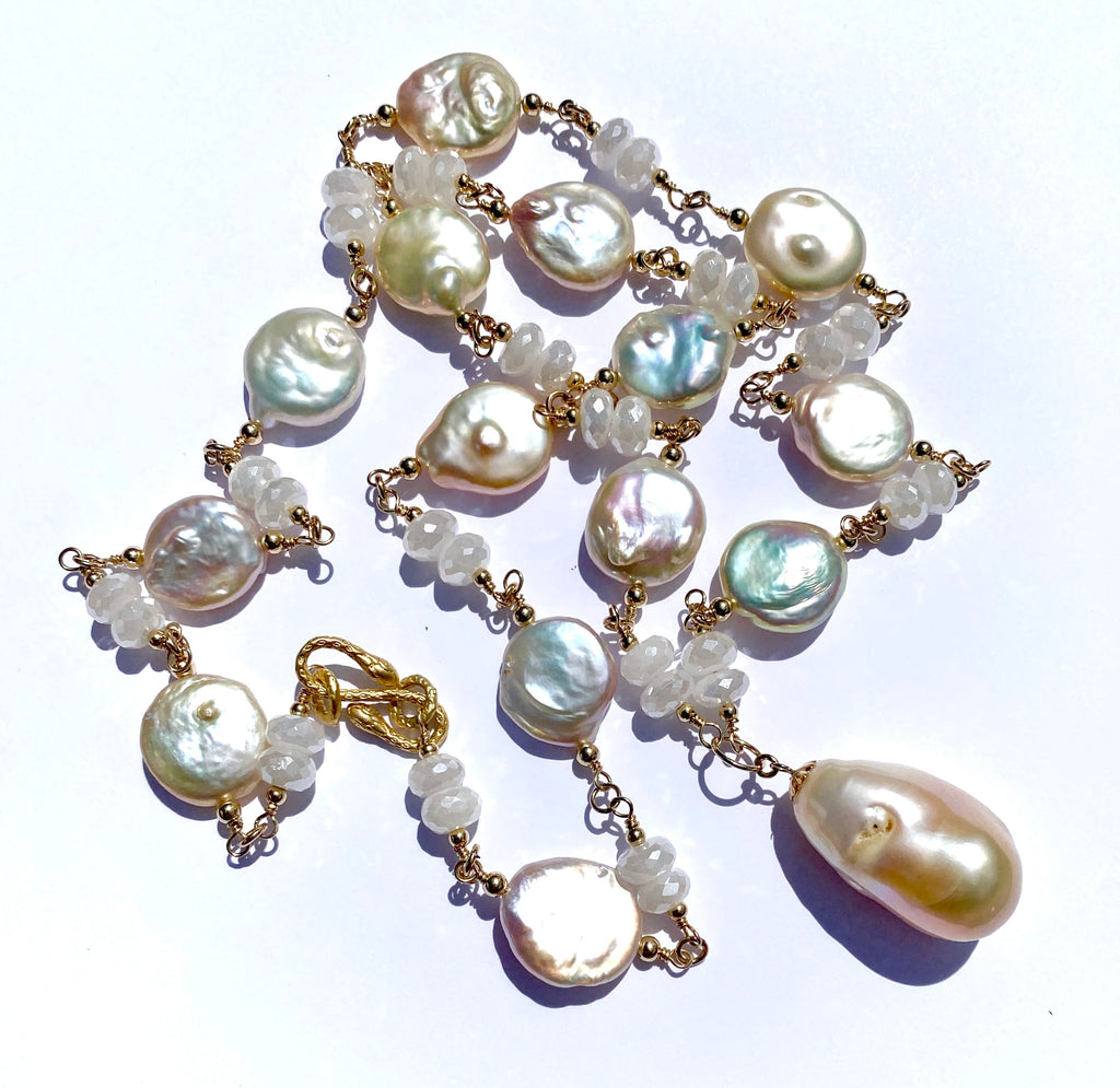 Blush Baroque Pearl Mystic Moonstone Long Sautoir Rosary Necklace Gold Fill