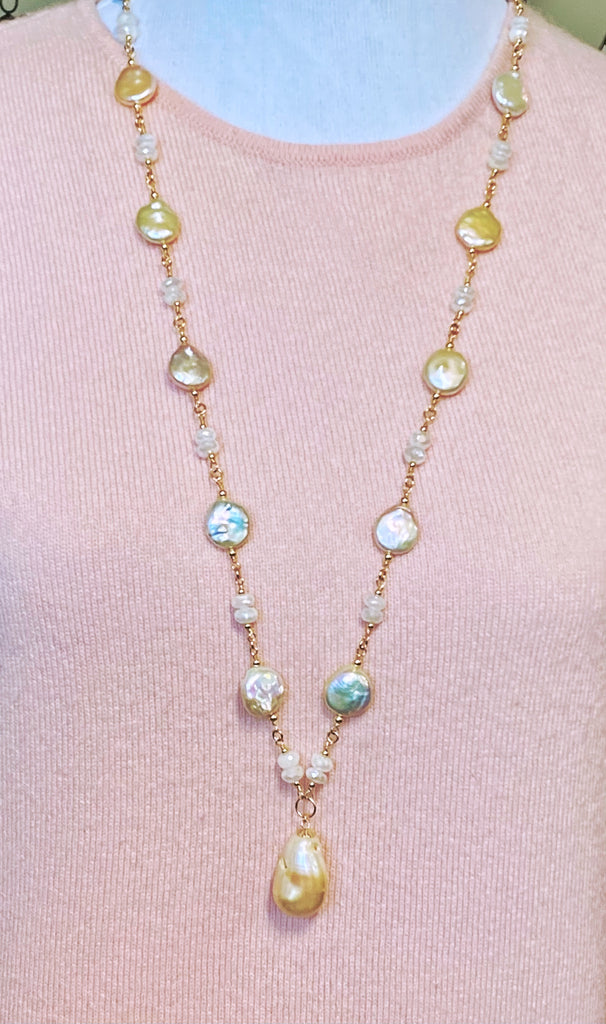 Blush Baroque Pearl Mystic Moonstone Long Sautoir Rosary Necklace Gold Fill