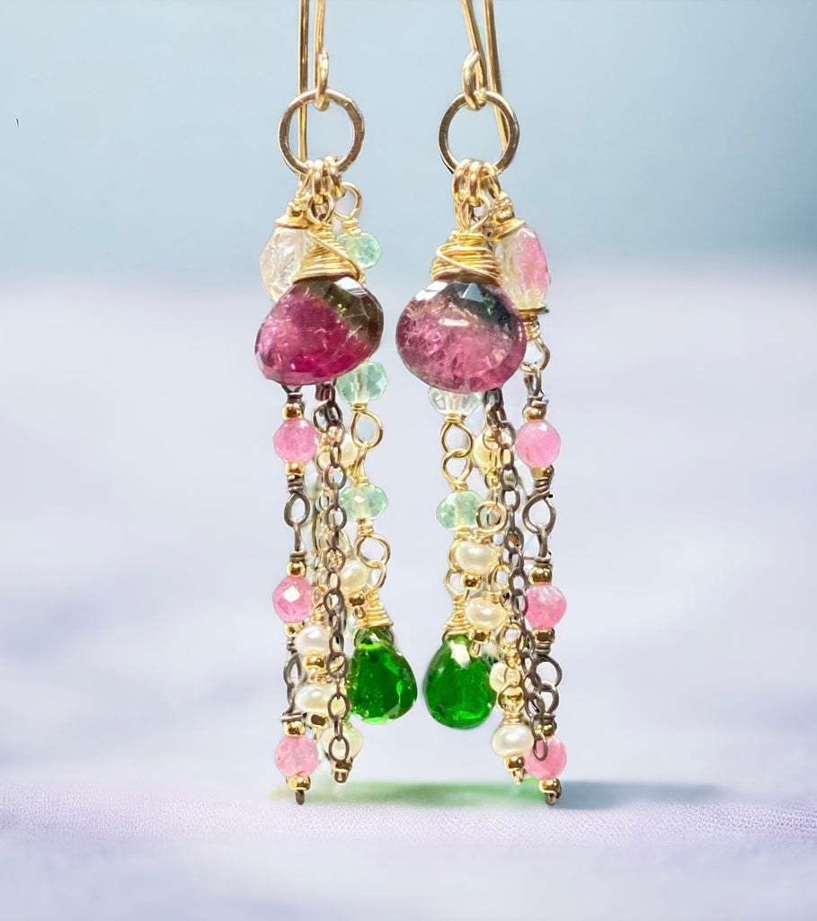 Bicolor Rubellite Tourmaline Briolette and Mixed Metal Gemstone Dangle Earrings
