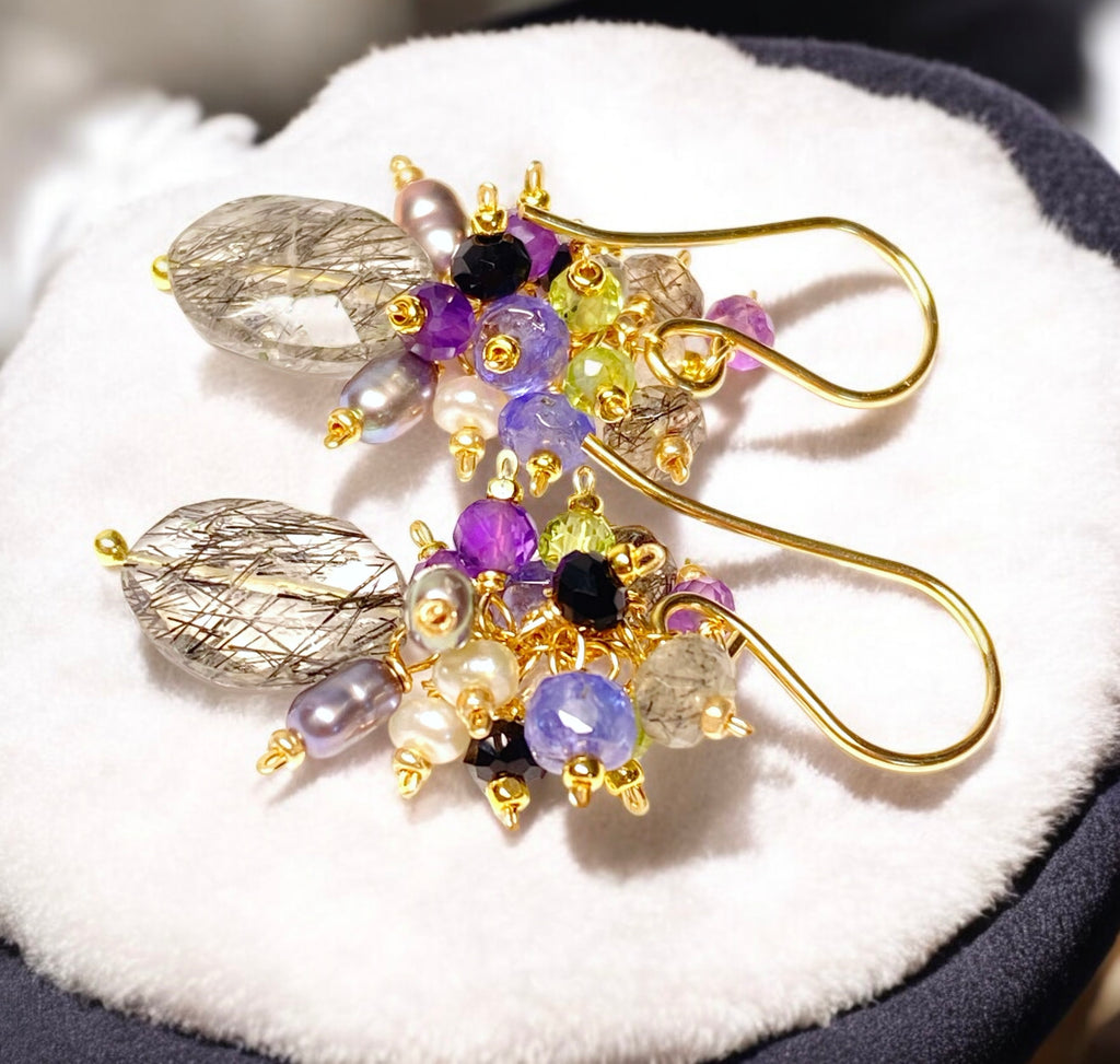 Black rutilated quartz and tanzanite, peridot gem cluster earrings in gold fill
