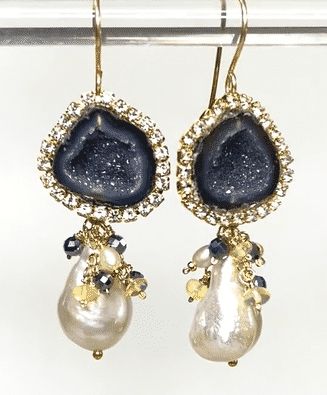 Black Tabasco Geode Earrings with White Baroque Pearls and Opal Clusters