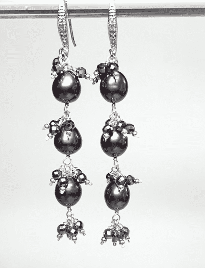 Long Peacock Pearl Earrings with Black Sparkly Gems, Sterling Silver