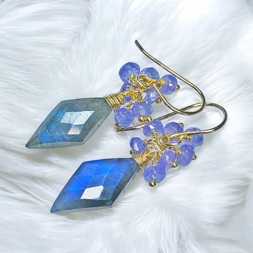 blue flash labradorite and tanzanite cluster earrings in gold fill