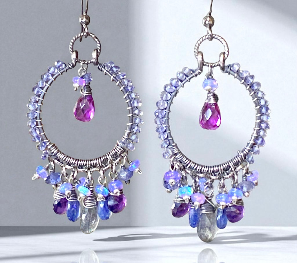 Blue Violet Sterling Silver Hoop Chandelier Earrings Iolite, Kyanite, Amethyst