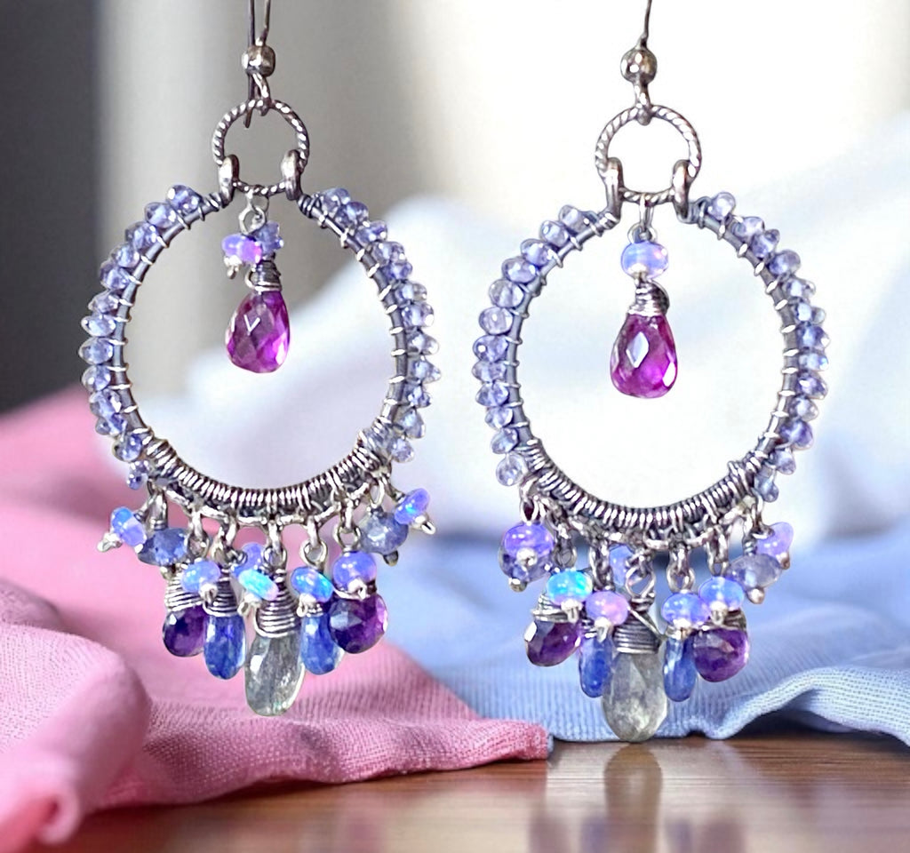 Blue Violet Sterling Silver Hoop Chandelier Earrings Iolite, Kyanite, Amethyst