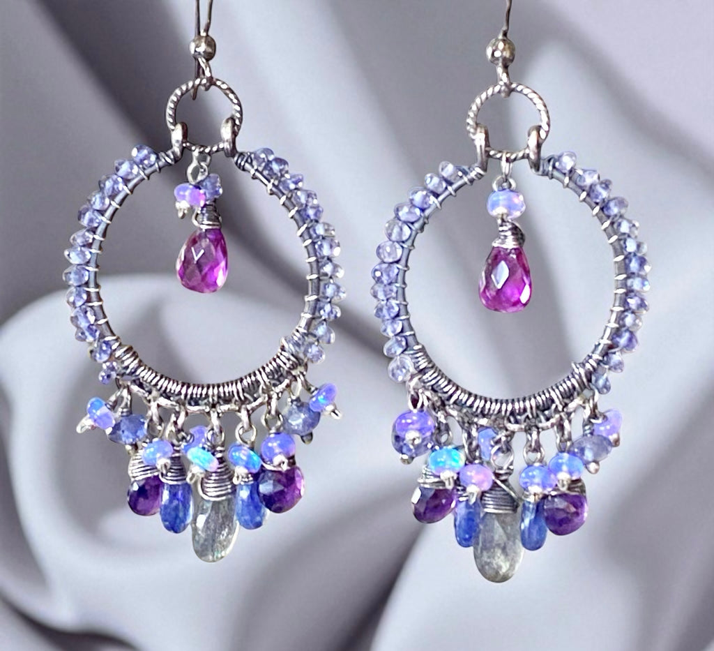 Blue Violet Sterling Silver Hoop Chandelier Earrings Iolite, Kyanite, Amethyst
