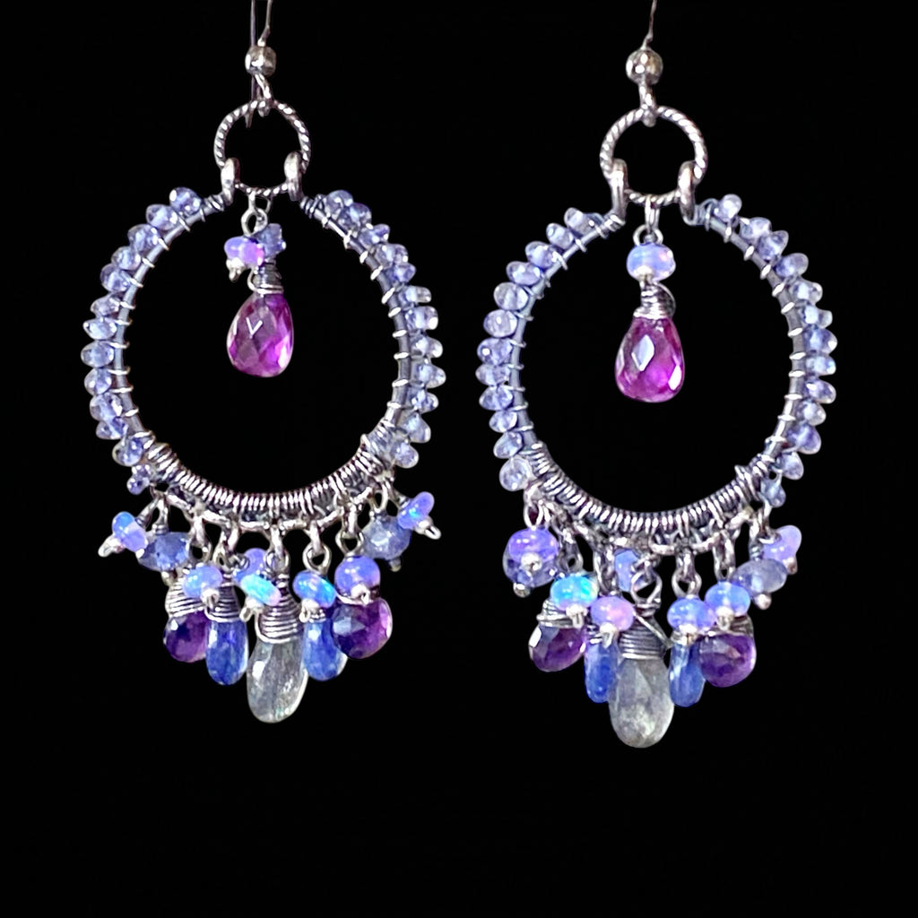 Blue Violet Sterling Silver Hoop Chandelier Earrings Iolite, Kyanite, Amethyst