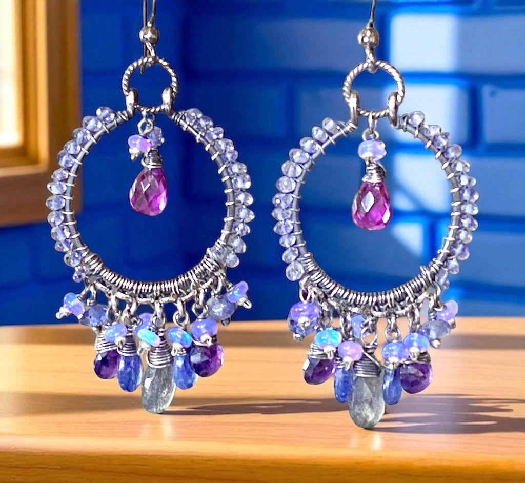 Blue Violet Sterling Silver Hoop Chandelier Earrings Iolite, Kyanite, Amethyst