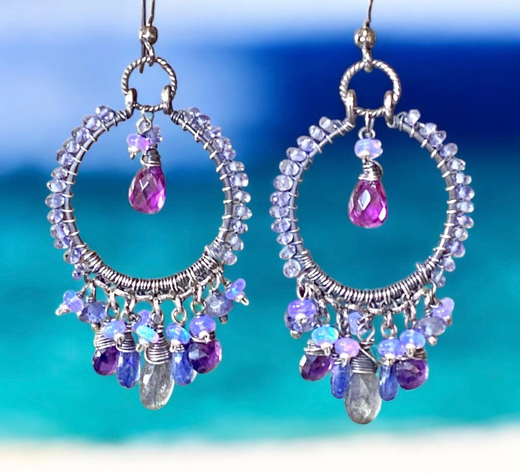 Blue Violet Sterling Silver Hoop Chandelier Earrings Iolite, Kyanite, Amethyst