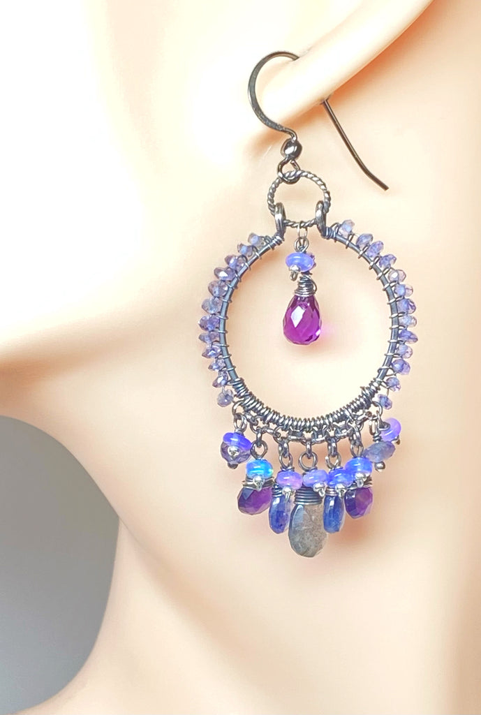 Blue Violet Sterling Silver Hoop Chandelier Earrings Iolite, Kyanite, Amethyst