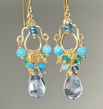 Blue and Multicolor Gemstone Chandelier Earrings Gold Fill