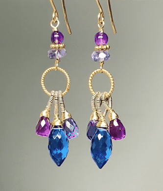 Blue, Purple Chandelier Earrings, Mixed Metals, Iolite, Amethyst, Quartz