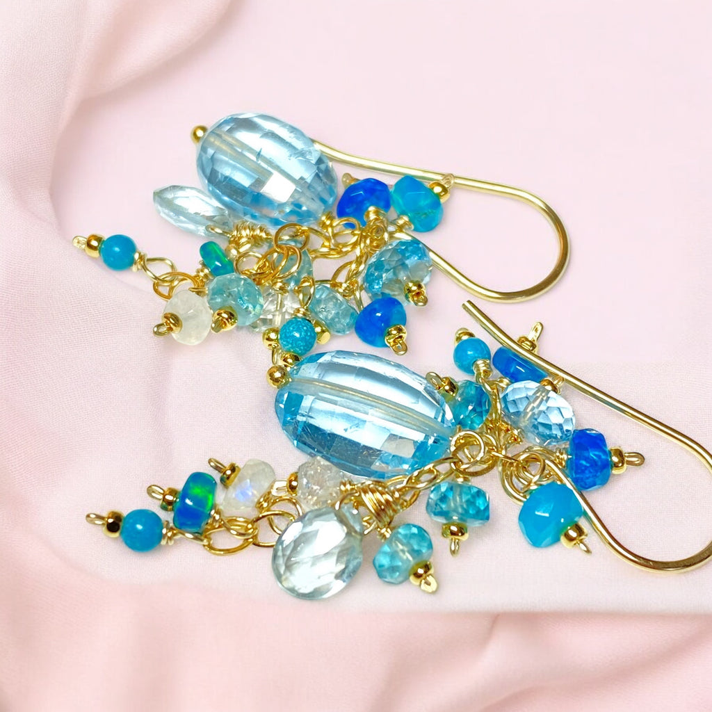 Blue Topaz Dangle Earrings with Multi Gemstone Cluster, Opal, Apatite, Herkimer Diamonds