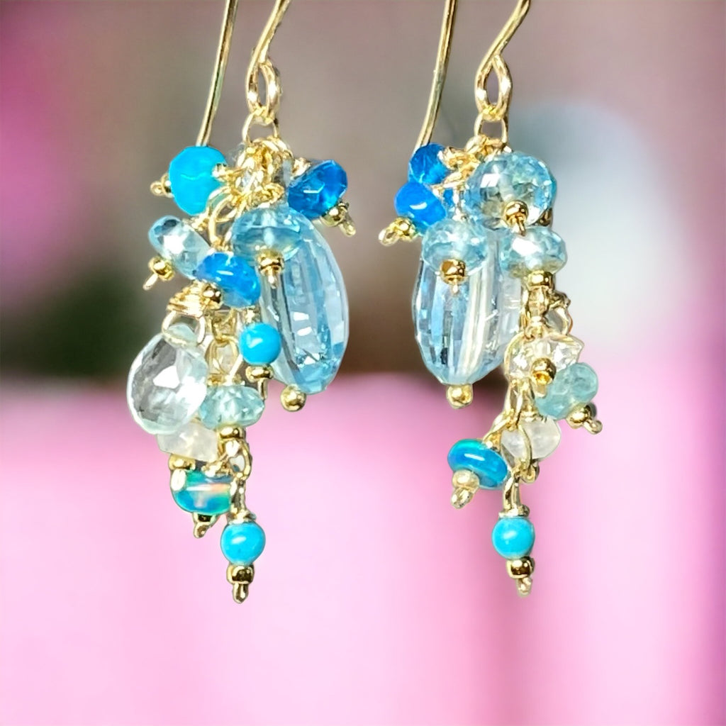 Blue Topaz Dangle Earrings with Multi Gemstone Cluster, Opal, Apatite, Herkimer Diamonds
