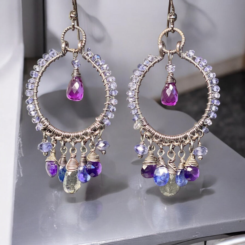 Blue Violet Sterling Silver Hoop Chandelier Earrings Iolite, Kyanite, Amethyst, Labradorite