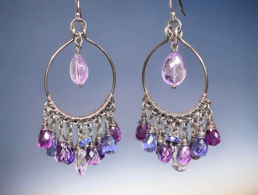 Blue Violet Gem Statement Chandelier Earrings in Oxidized Sterling Silver