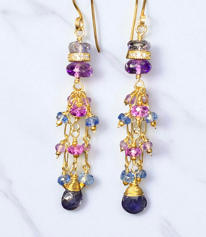 Blue Purple Gemstone Dangle Earrings, Tassel Style, Iolite, Amethyst, Gold Fill