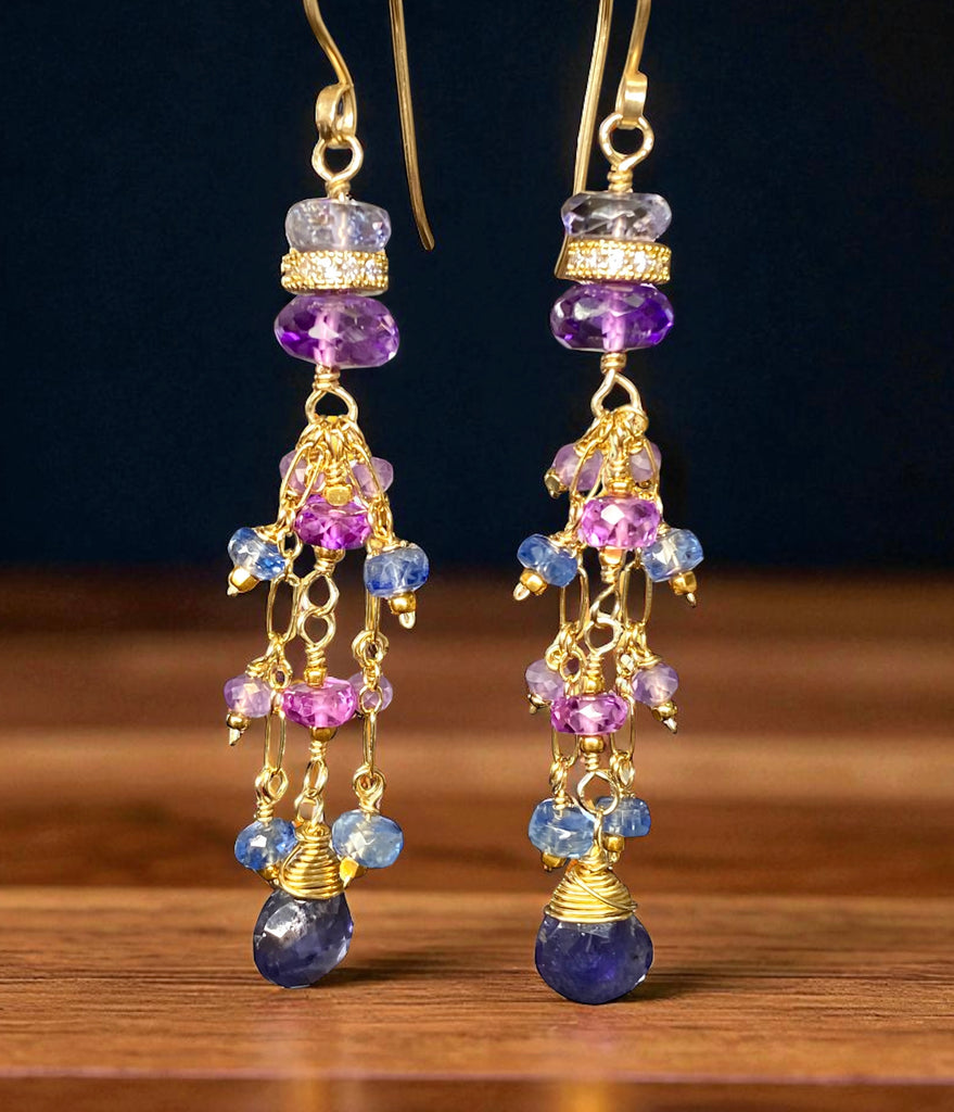 Blue Purple Gemstone Dangle Earrings, Tassel Style, Iolite, Amethyst, Gold Fill