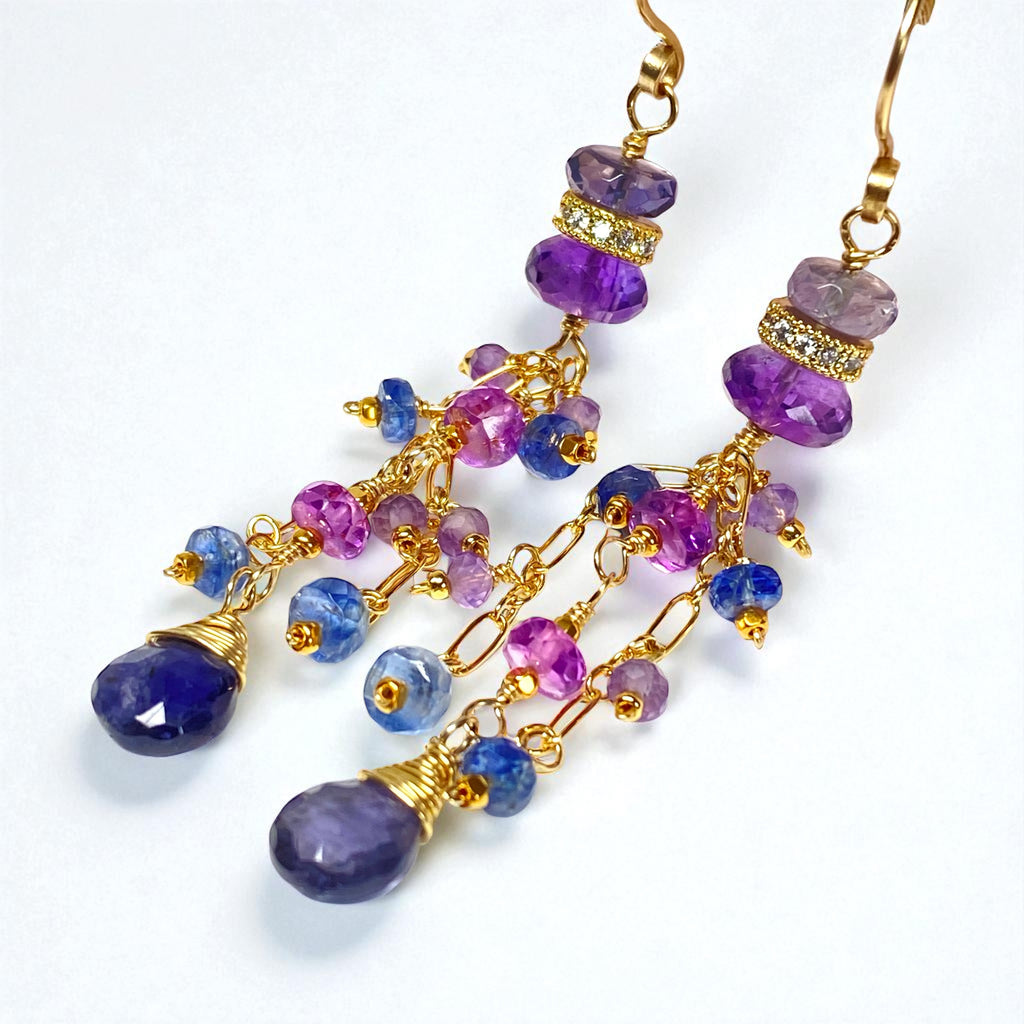 Blue Purple Gemstone Dangle Earrings, Tassel Style, Iolite, Amethyst, Gold Fill